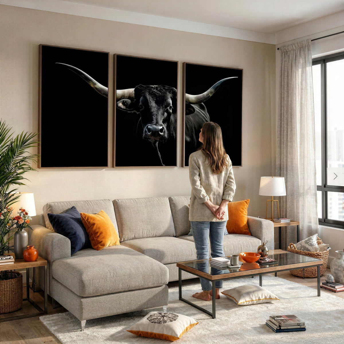 20679-MGV-CV-24X16 - Texas Black Longhorn Bull Wall Art Canvas Print, Western Cattle Rustic Decor
