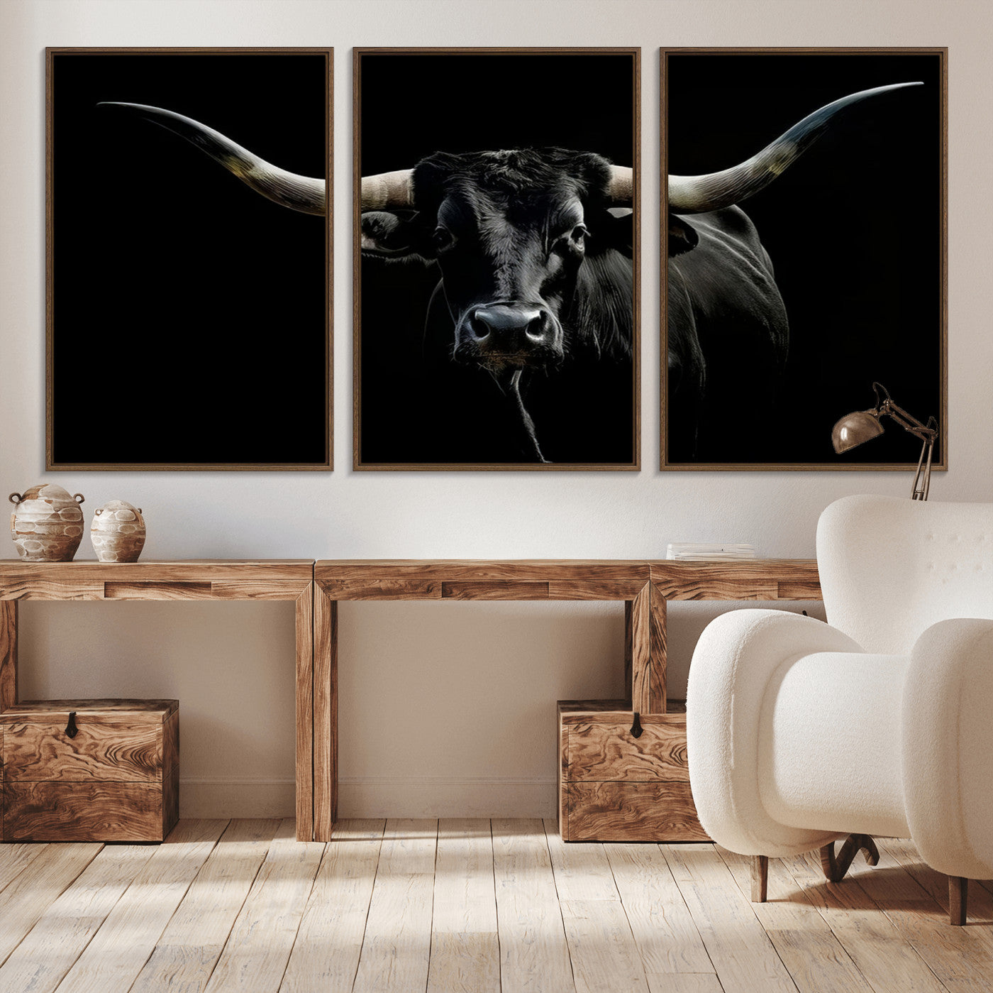 MGV-FC-60X30-3P - Texas Black Longhorn Bull Wall Art Canvas Print - Western Texas Cattle Rustic Decor Print - Longhorn