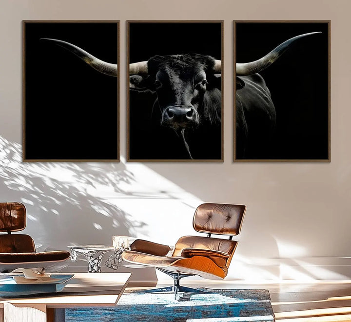 A captivating close-up canvas print of a Texas Black Longhorn with impressive curved horns set against a dark backdrop, ideal as a standout piece in your collection of Longhorn Cow Wall Art.