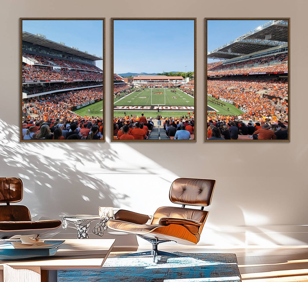 Wide-angle view of Corvallis Reser Stadium with Oregon State field, depicted in Beavers team print canvas art.