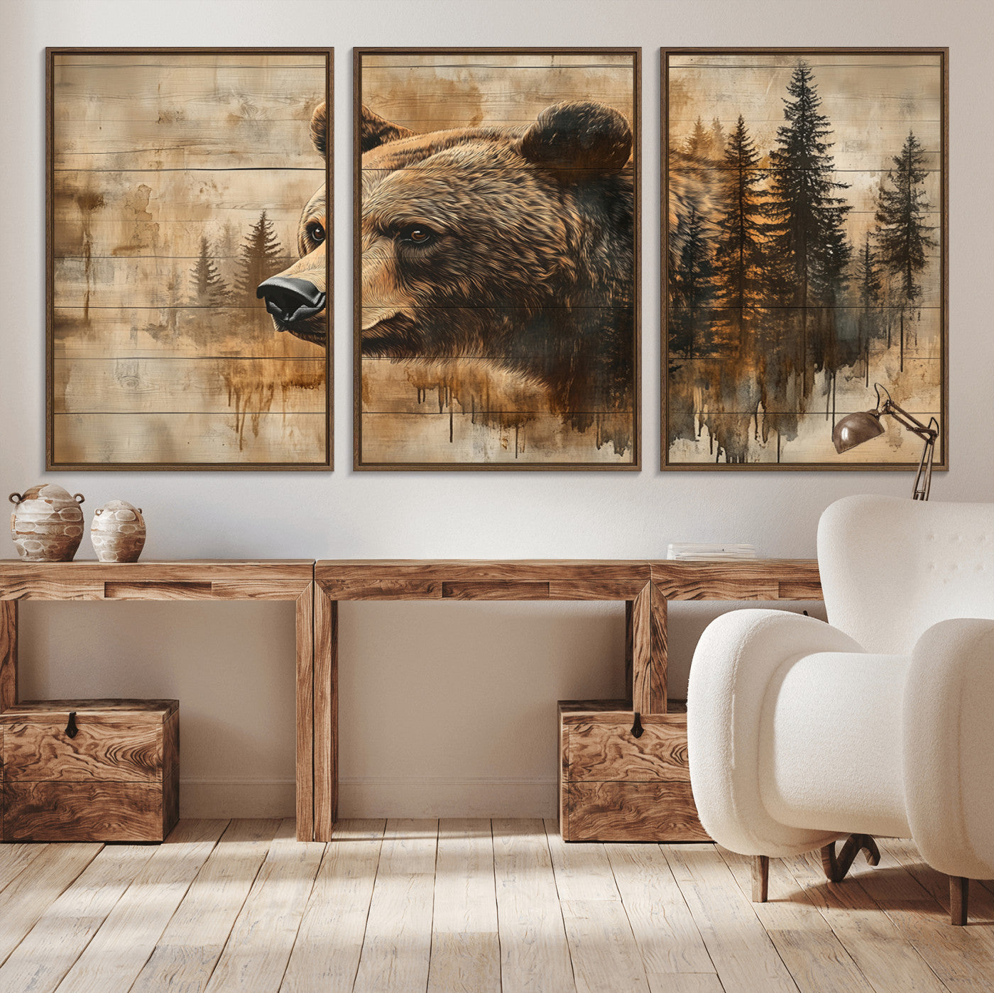 MGV-FC-60X30-3P - Rustic Grizzly Bear Wall Art, Abstract Grizzly 399 Bear Wall Art Canvas Print - Woodland Wildlife
