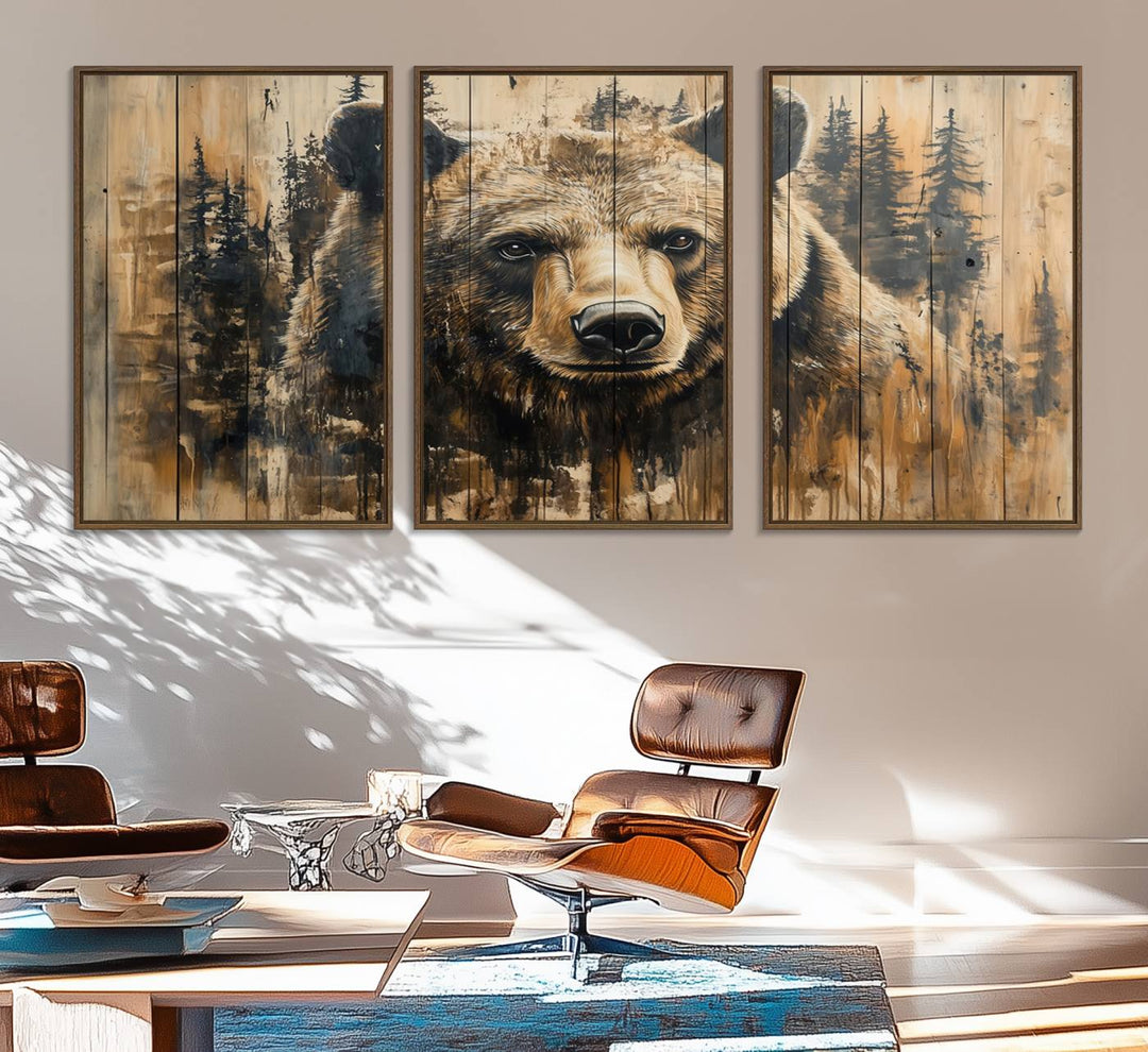 Majestic Grizzly 399 Bear 3-panel rustic canvas print with woodland theme.