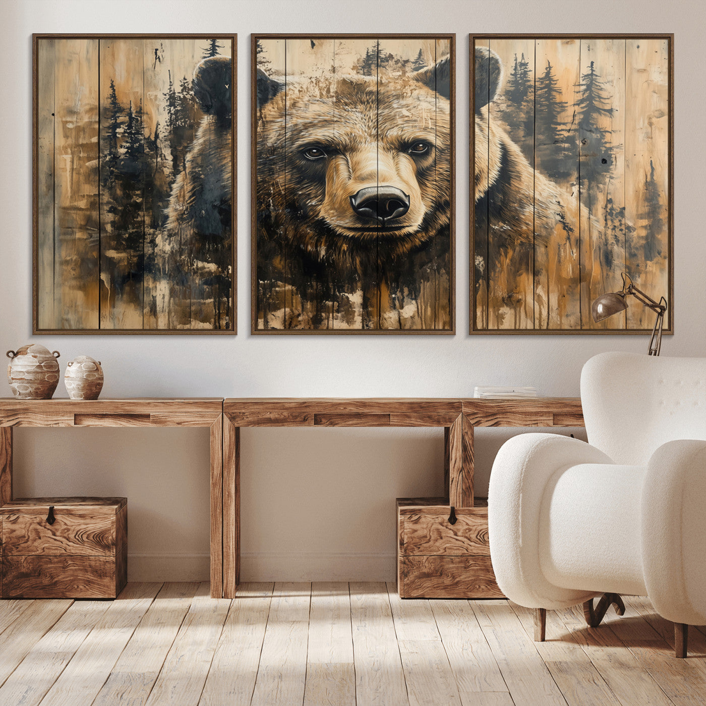 MGV-FC-60X30-3P - Majestic Grizzly 399 Bear Wall Art | 3-Panel Rustic Canvas Print for Living Room, Office, or Cabin