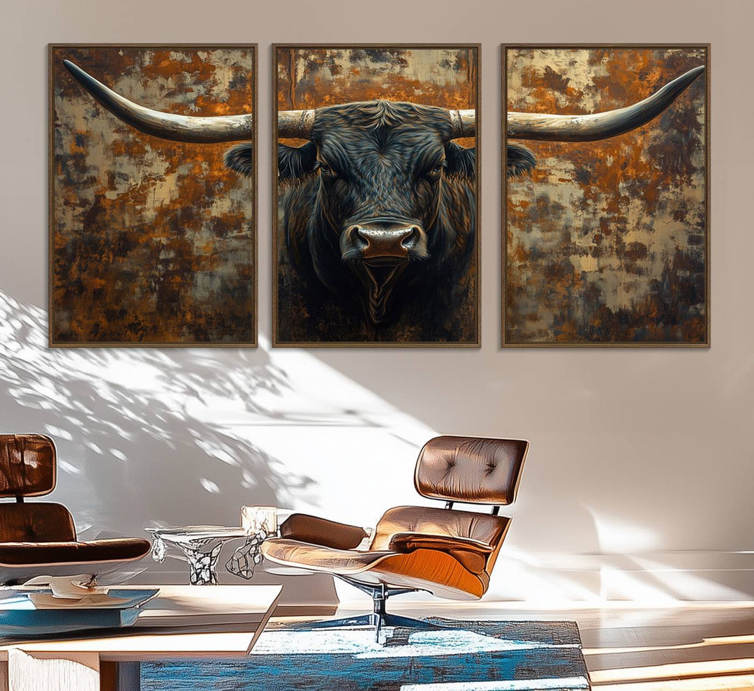 The Longhorn Texas Cow Bull Wall Art canvas print showcases rustic farmhouse decor.