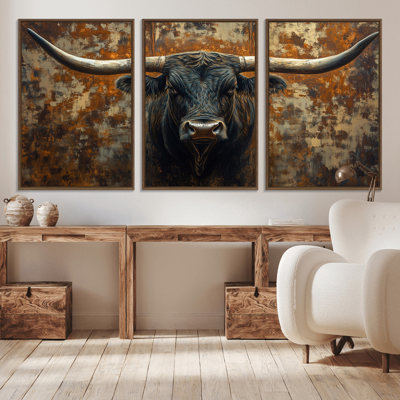 MGV-FC-60X30-3P - Longhorn Texas Cow Bull Wall Art | Rustic Farmhouse Canvas Print | Ready to Hang Barn Decor for