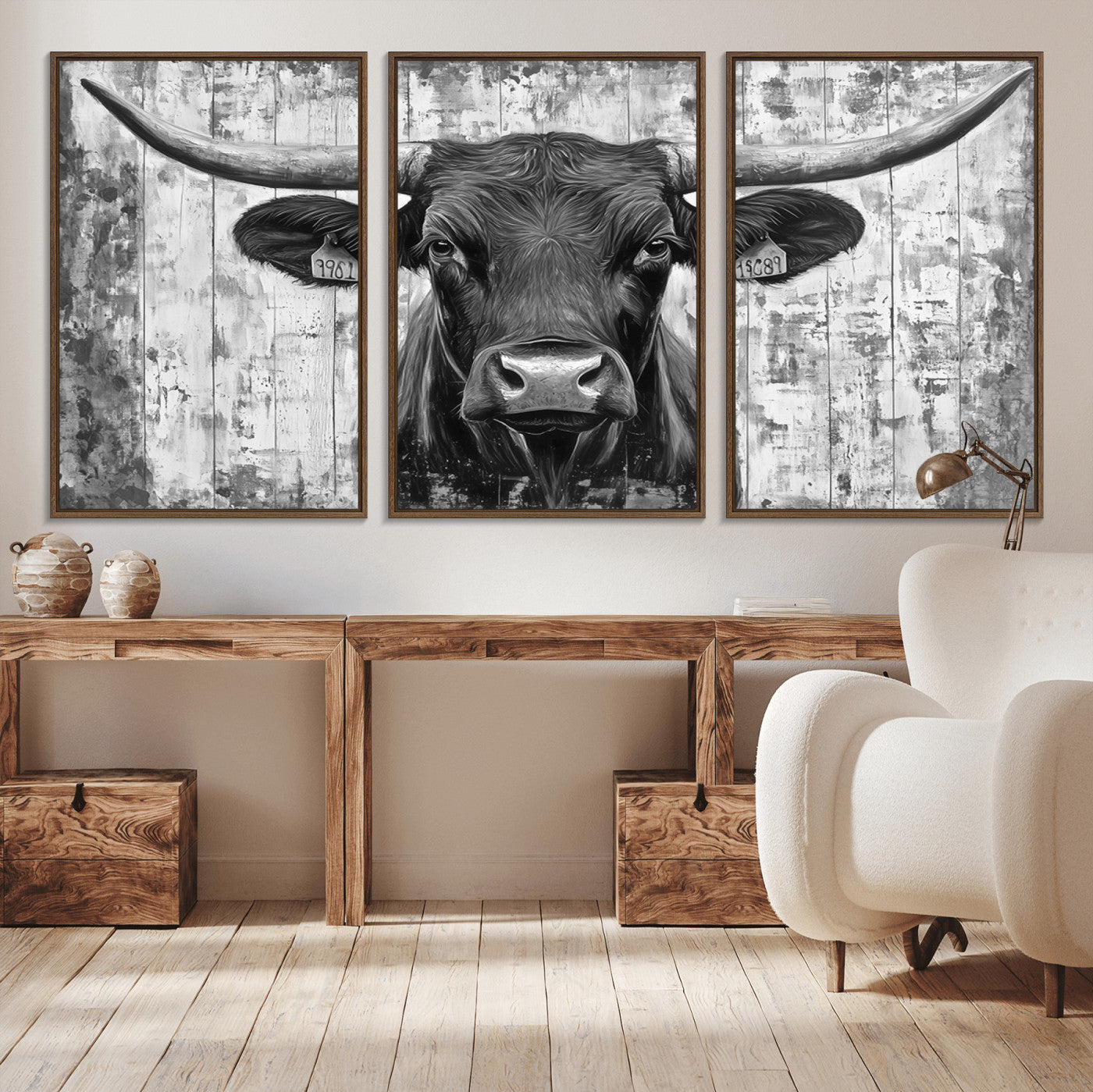 MGV-FC-60X30-3P - Abstract Longhorn Bull Wall Art Canvas Print - Rustic Texas Western Cow Artwork