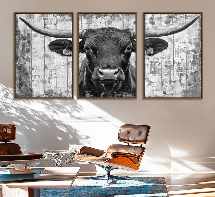 Abstract Longhorn Bull canvas print, featuring rustic Texas-themed wall art on a wooden background, ideal for Western decor.