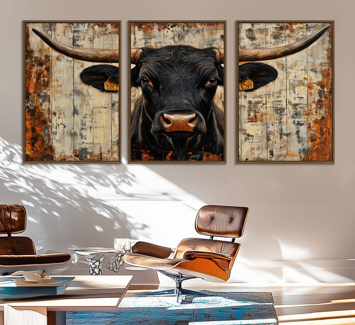 Black bull painting with horns and ear tags, ideal for rustic Texas decor - Abstract Cow Longhorn Bull Canvas Print.