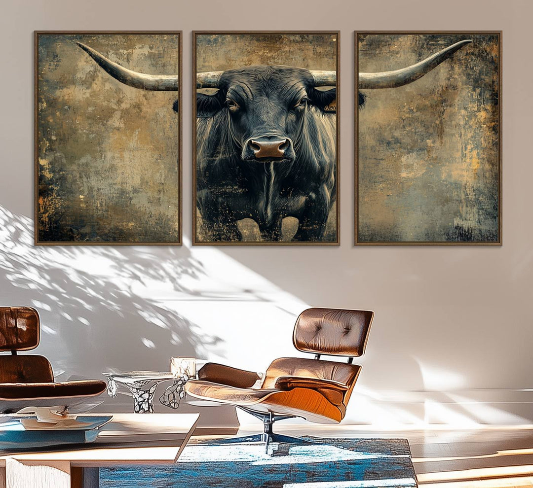 The Longhorn Bull Canvas Print features a bull with prominent horns facing forward, depicted in abstract Texas Western art style.