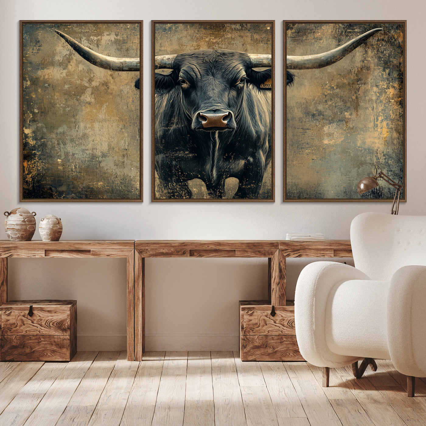 MGV-FC-60X30-3P - Longhorn Bull Wall Art Canvas Print, Framed Rustic Cow Art Picture Print, Texas Longhorn Perfect Western Decor Artwork