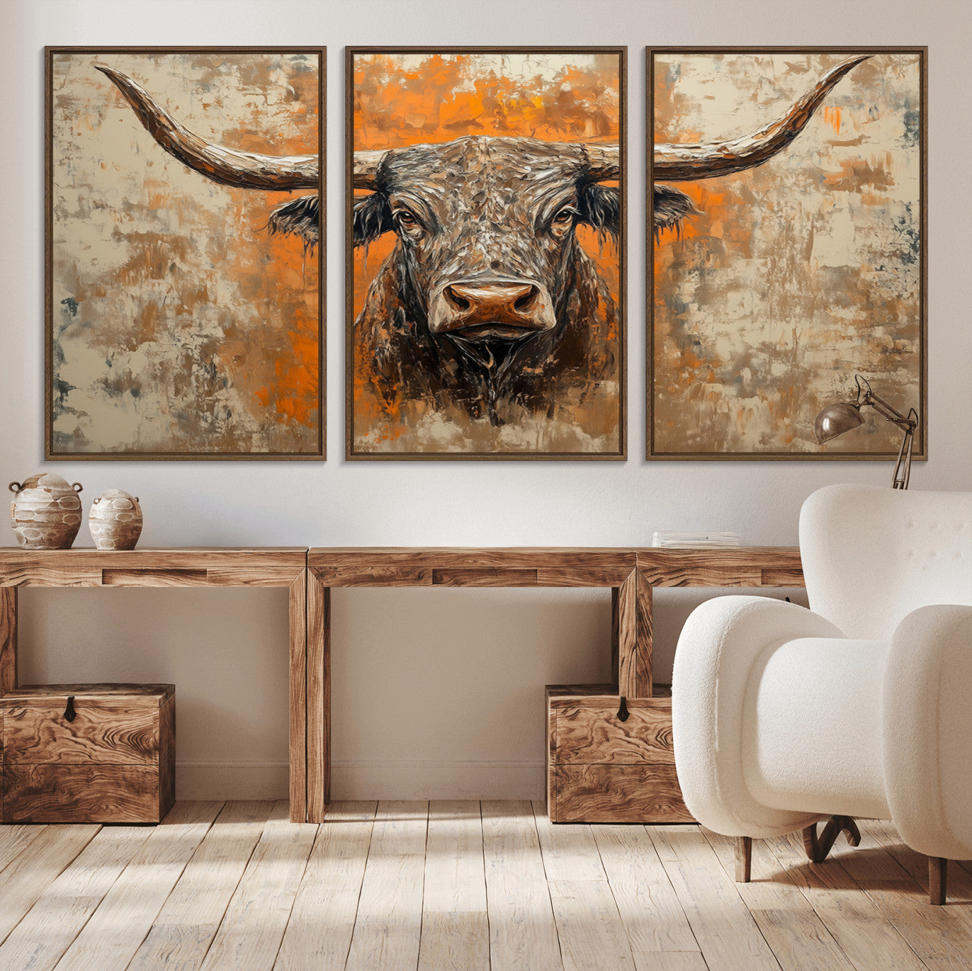 MGV-FC-60X30-3P - Abstract Cow Longhorn Bull Wall Art Canvas Print - Rustic Texas Western Cattle Artwork