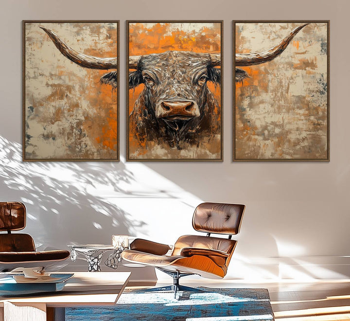 Abstract Cow Longhorn Bull Wall Art presents a detailed face centered on a textured orange and beige background.