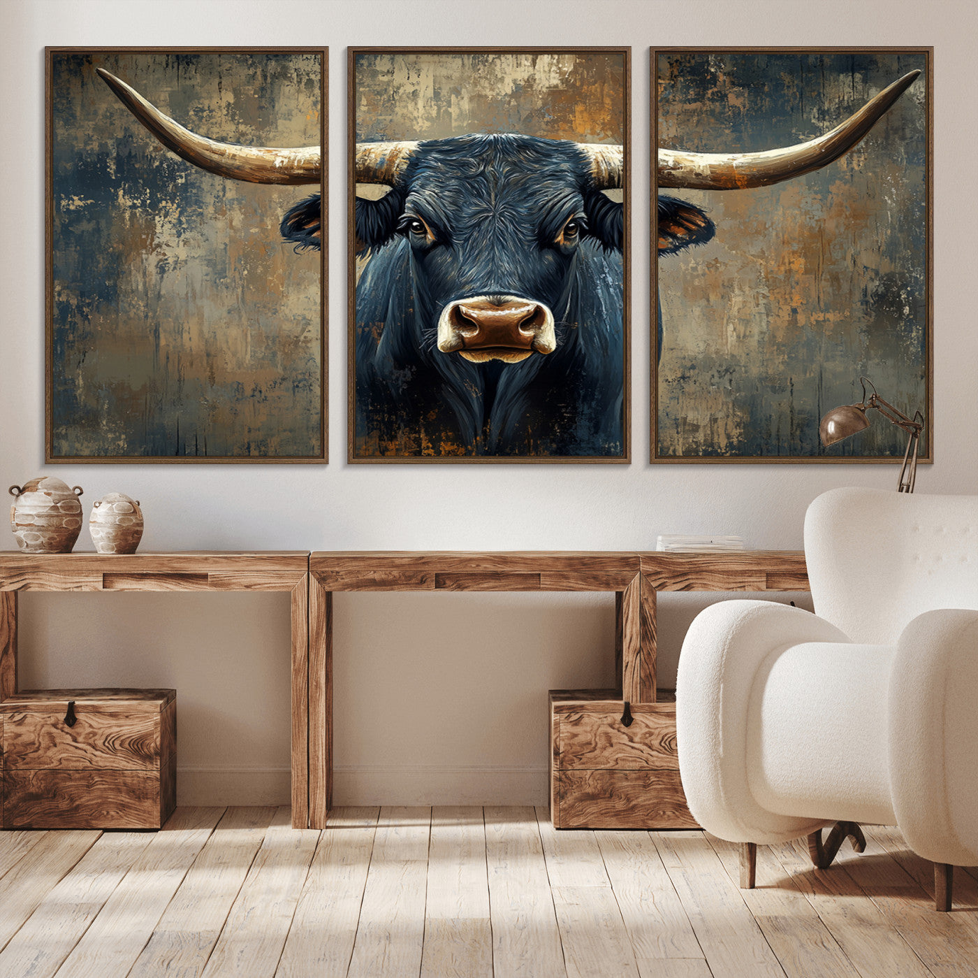 MGV-FC-60X30-3P - Texas Western Wall Art Canvas Print - Abstract Cow Longhorn Bull Wall Art Canvas Print - Rustic Cow