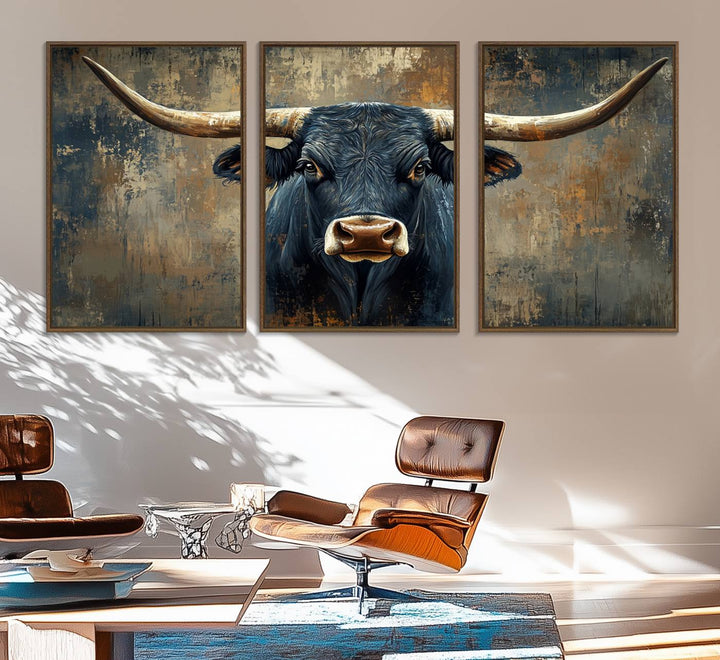 The Texas Western Wall Art Canvas Print showcases a Longhorn Bull set against an abstract brown and gray backdrop, making it perfect for rustic decor.