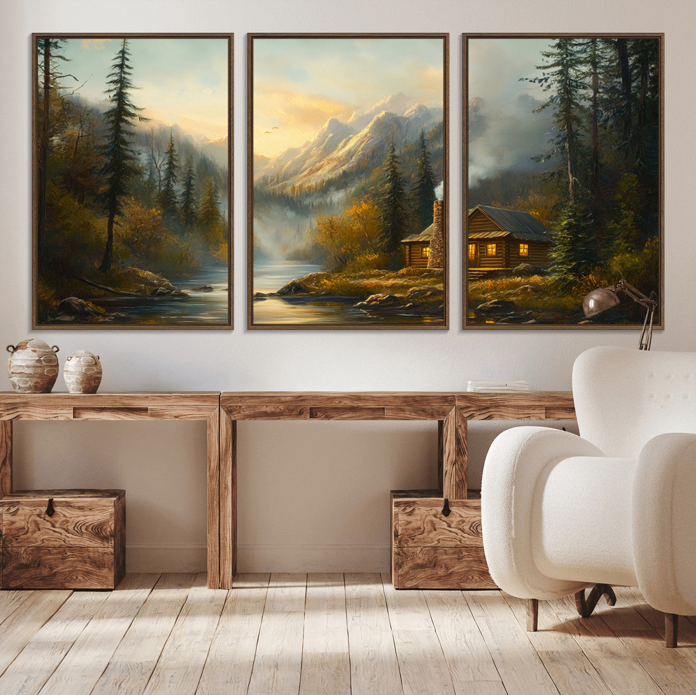 MGV-FC-60X30-3P - Wood Cabin Retreat Mountain at Sunset Wall Art Print - Serene Forest and River Landscape Wall Art