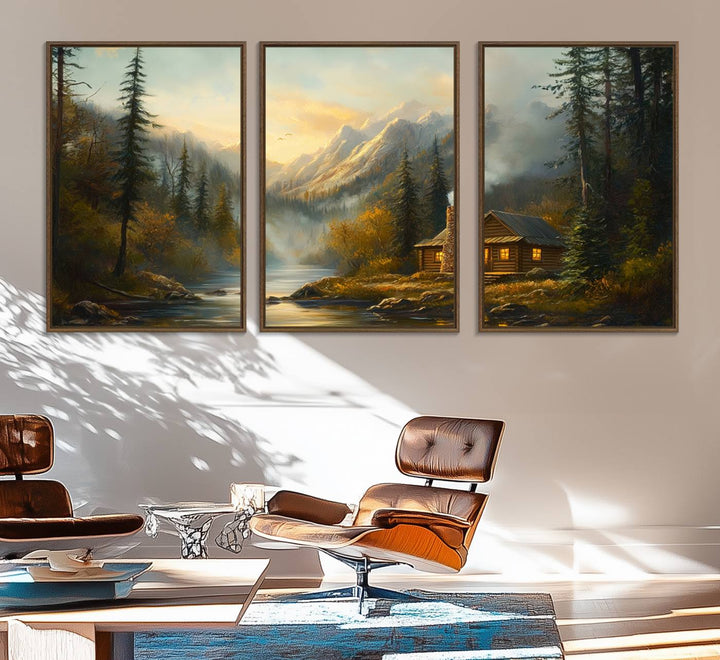 A cozy Wood Cabin Retreat Mountain at Sunset Wall Art features a serene forest and river landscape with smoke rising on a canvas print.