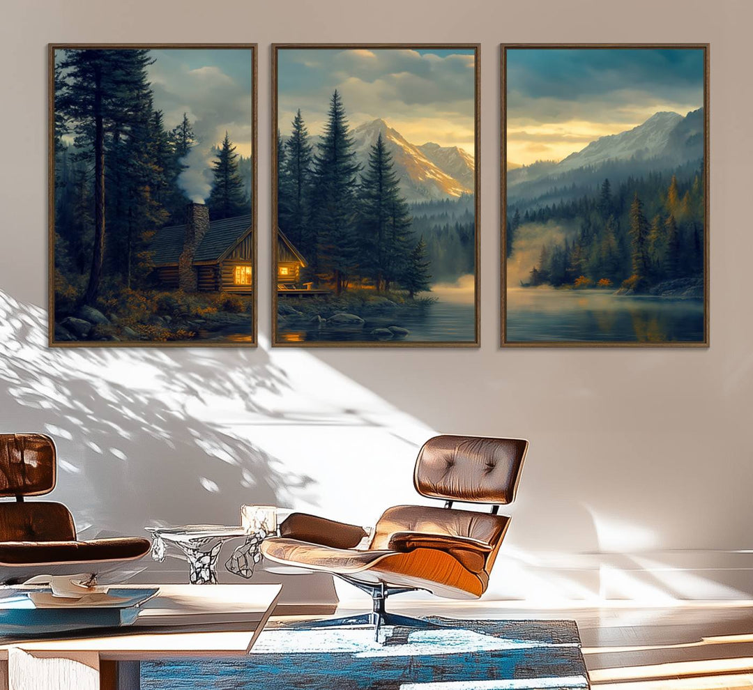 Serene sunset lake wall art: a cozy mountain cabin with lights, framed by pine trees and set against a moody sky. Ideal for adding rustic lodge charm to your space.