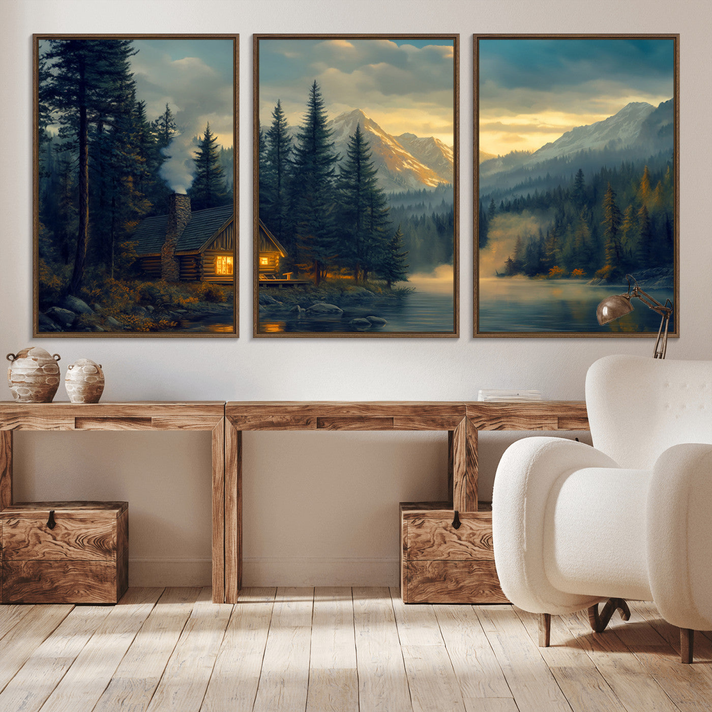 MGV-FC-60X30-3P - Mountain Cabin by the Lake at Sunset Wall Art - Serene Nature Canvas Print for Living Room Decor,