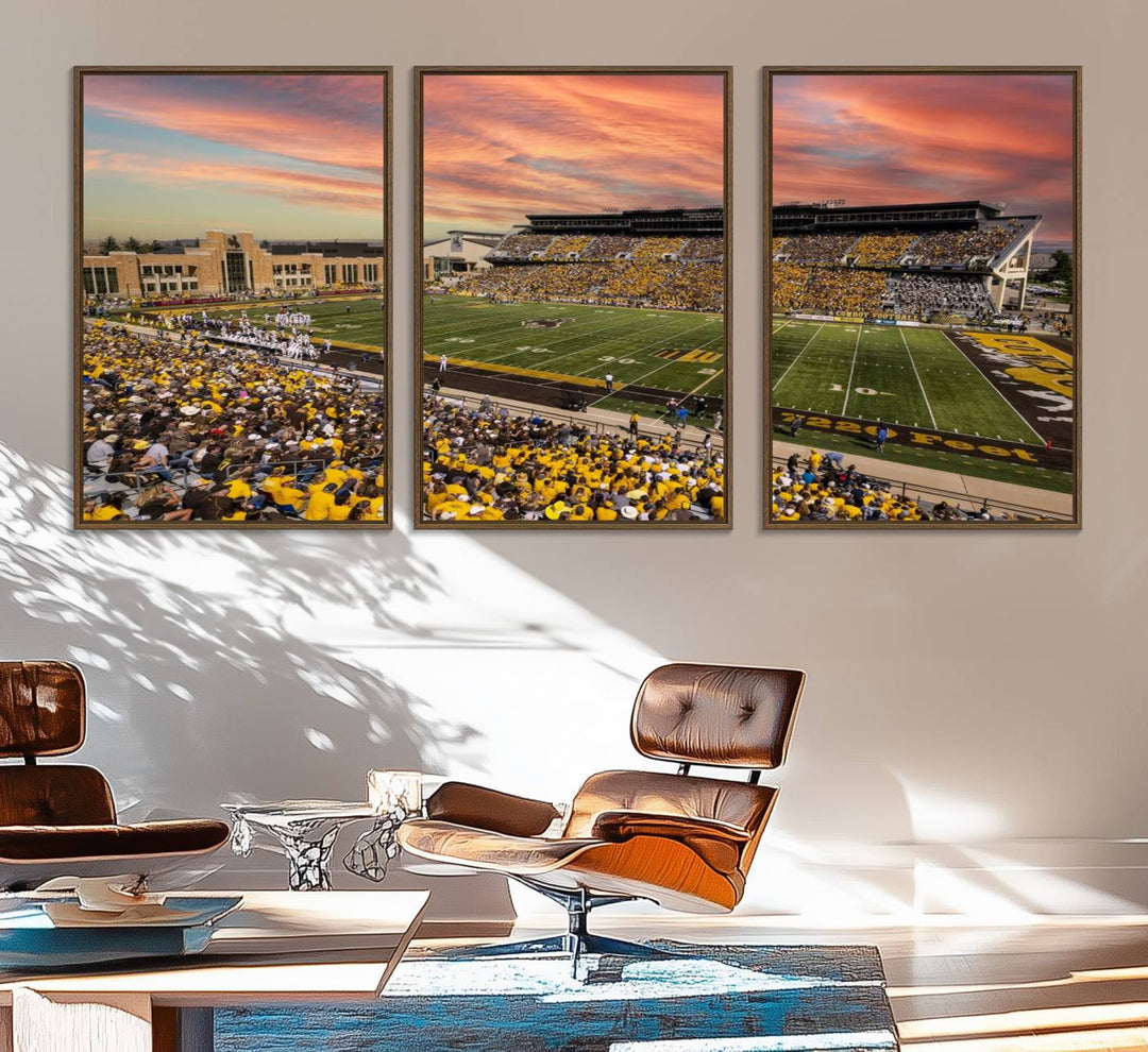 Capture the essence of a packed War Memorial Stadium at sunset with the Cowboys Football Canvas Print, highlighting fans cheering in yellow.