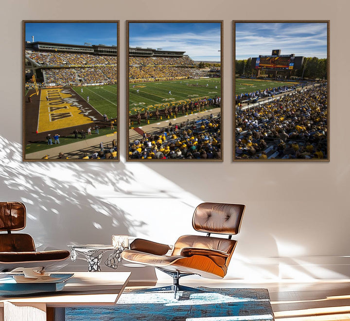 Canvas Wall Art Print: University of Wyoming Cowboys action at Jonah Field War Memorial Stadium under a sunny blue sky.