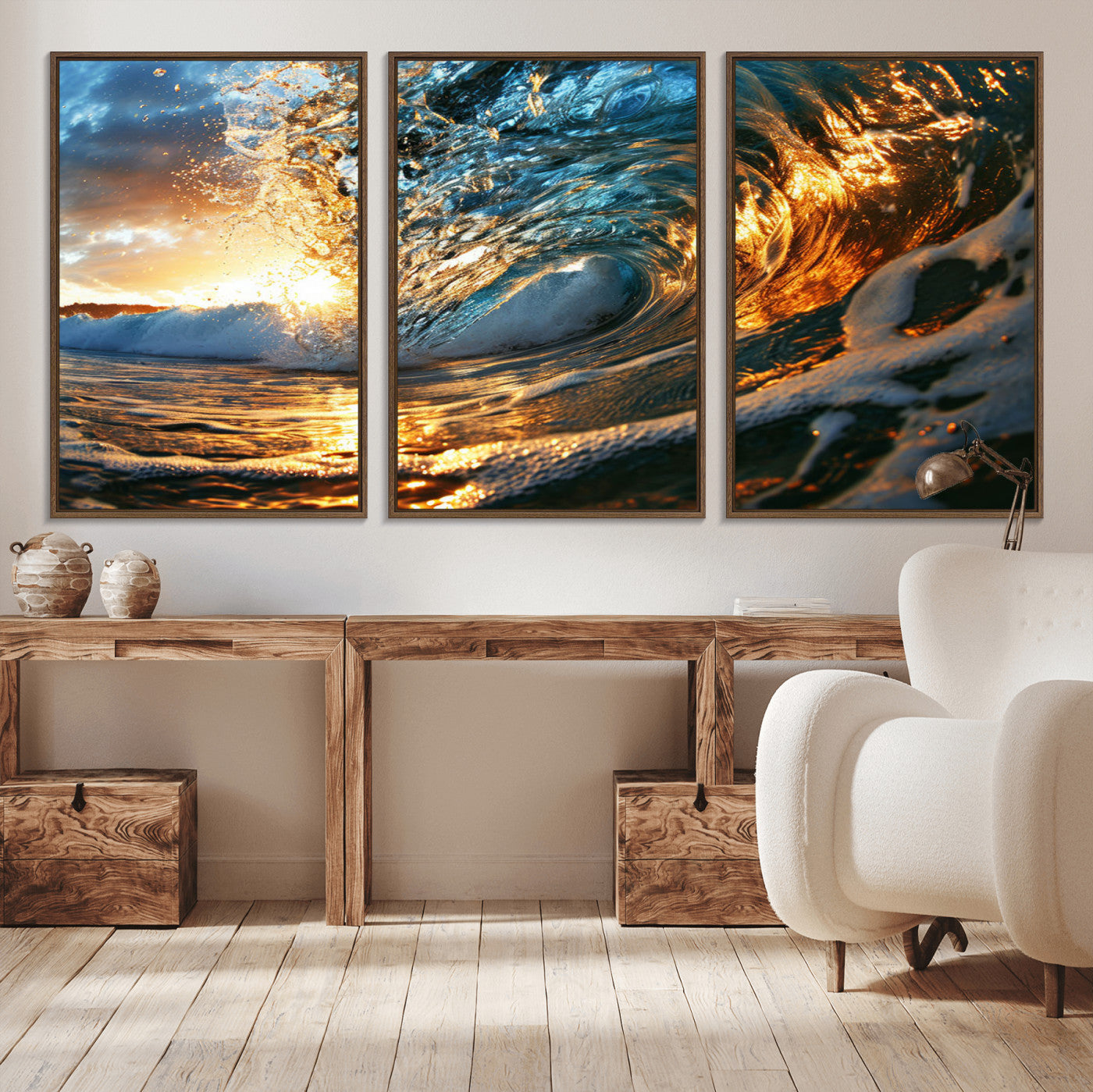 MGV-FC-60X30-3P - Ocean Wave at Sunset Canvas Wall Art – Vibrant Coastal Beach Waves Print, Large Nautical Decor,