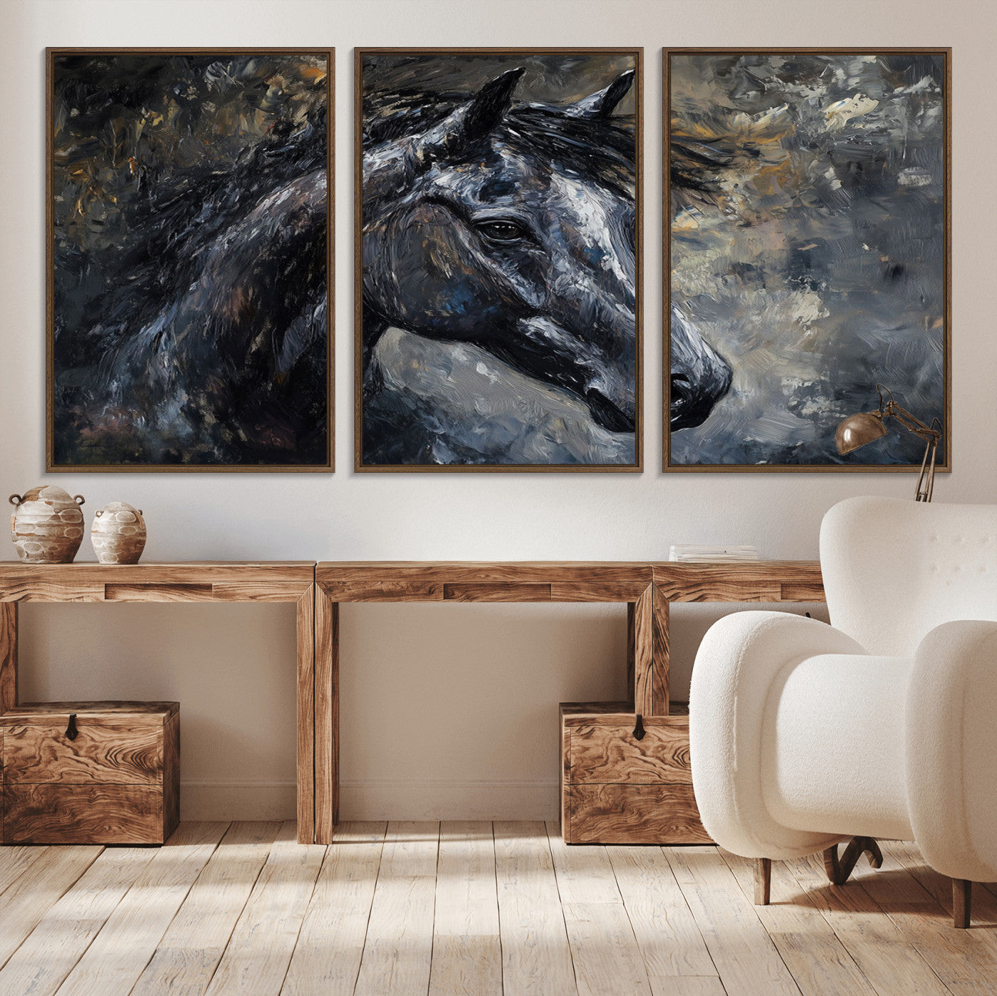MGV-FC-60X30-3P - Large Abstract Horse Wall Art Canvas Print | Farmhouse Wall Decor | Rustic Horse Art | Western Cabin