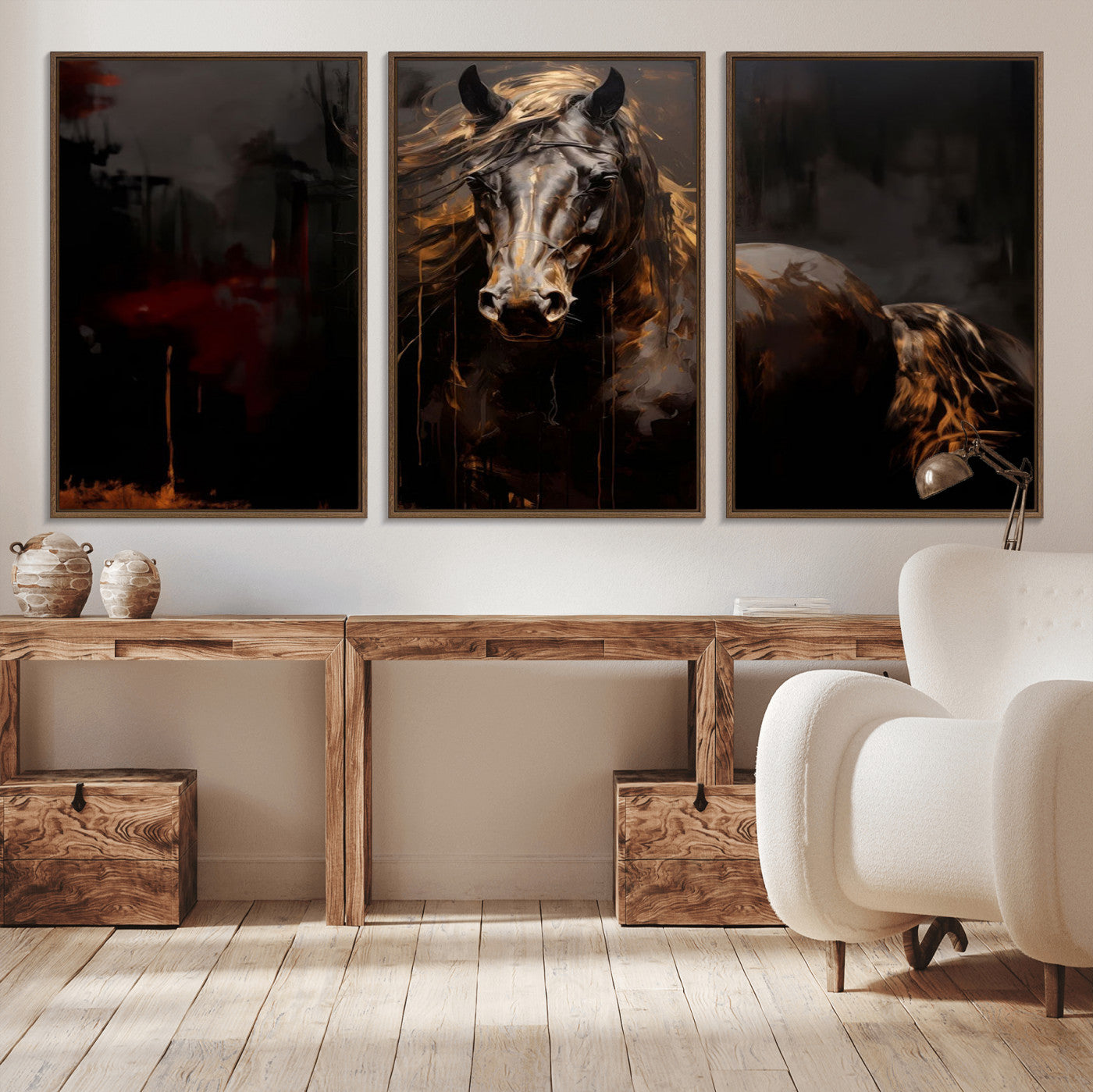 MGV-FC-60X30-3P - Abstract Black Horse Canvas Print for Farmhouse Wall Art | Abstract Equine Wall Art | Western Decor