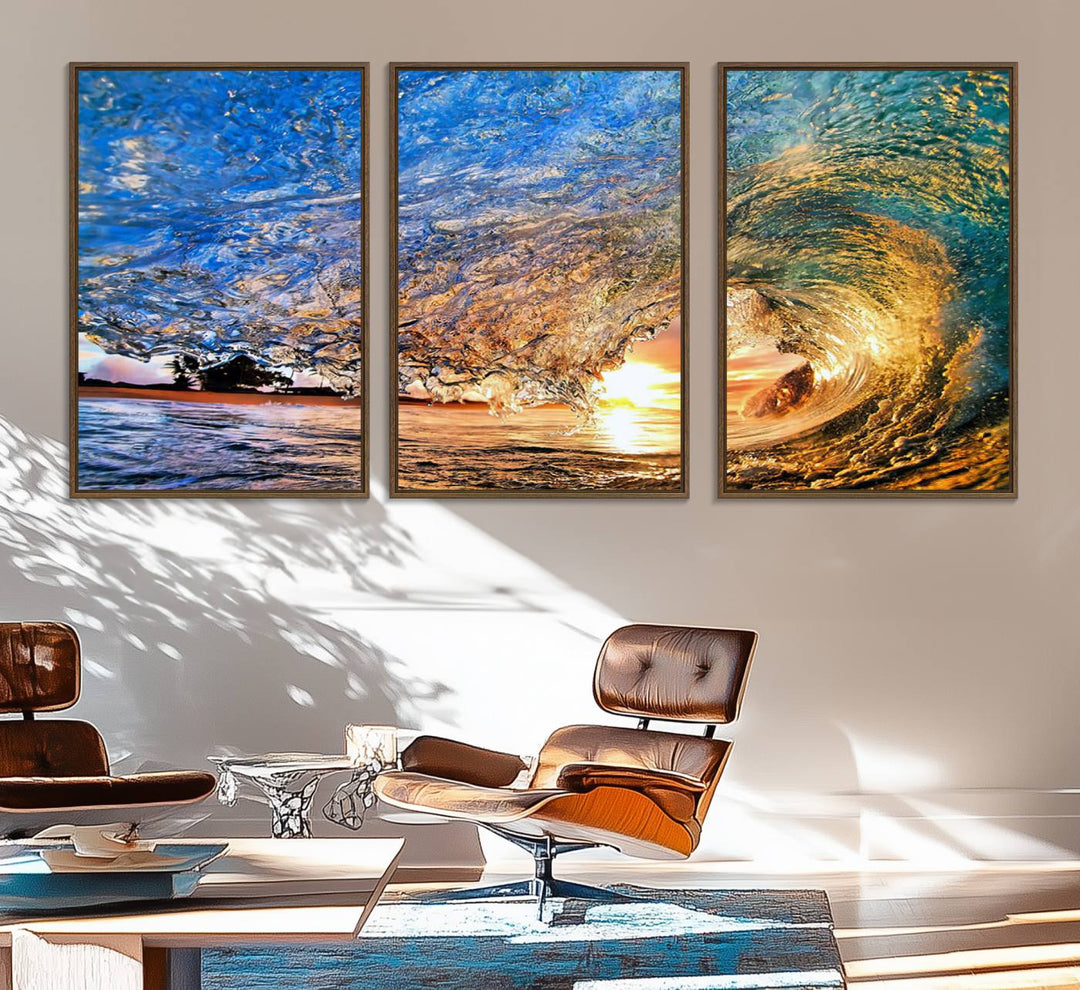 The Ocean Wave at Sunset Canvas Art captures vibrant coastal colors, perfect for nautical decor.