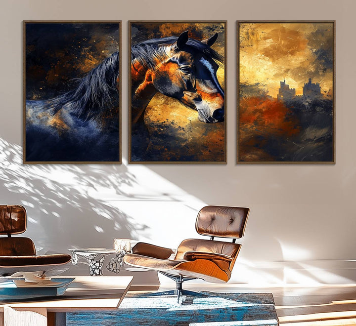 Abstract Horse Art Print on canvas, featuring a colorful background, perfect for rustic farmhouse or equestrian decor.