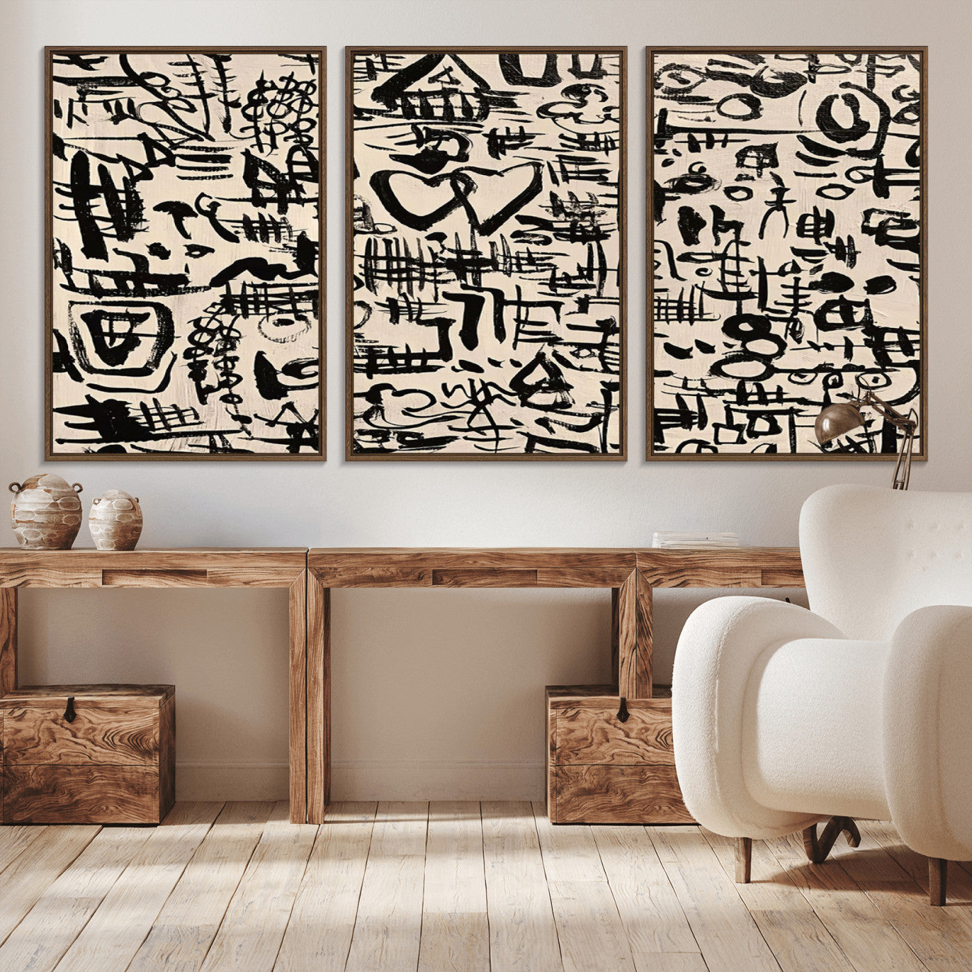 68273-MGV-FC-60X30-3P - Abstract Love and Chaos Canvas Print, Black Symbols on Beige