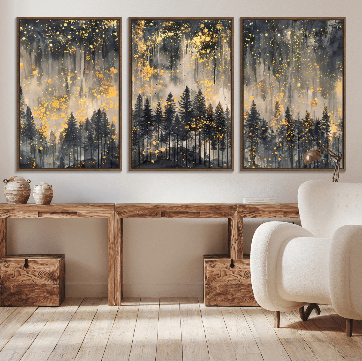 -Golden Forest Abstract Wall Art | Dark Forest with Gold Splatter Accents | Triptych Ready to Hang