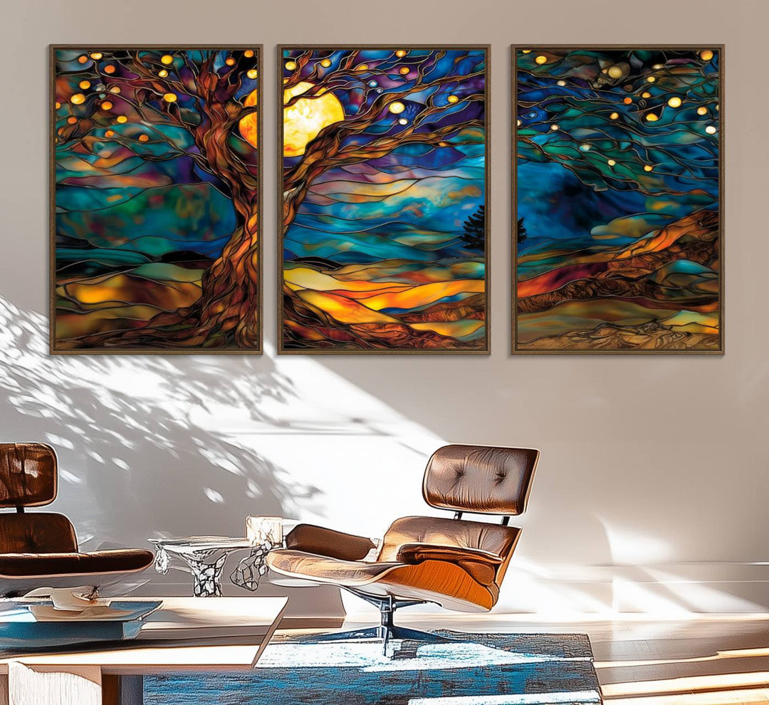 The vibrant Yggdrasil Tree of Life Wall Art depicts a moonlit tree.