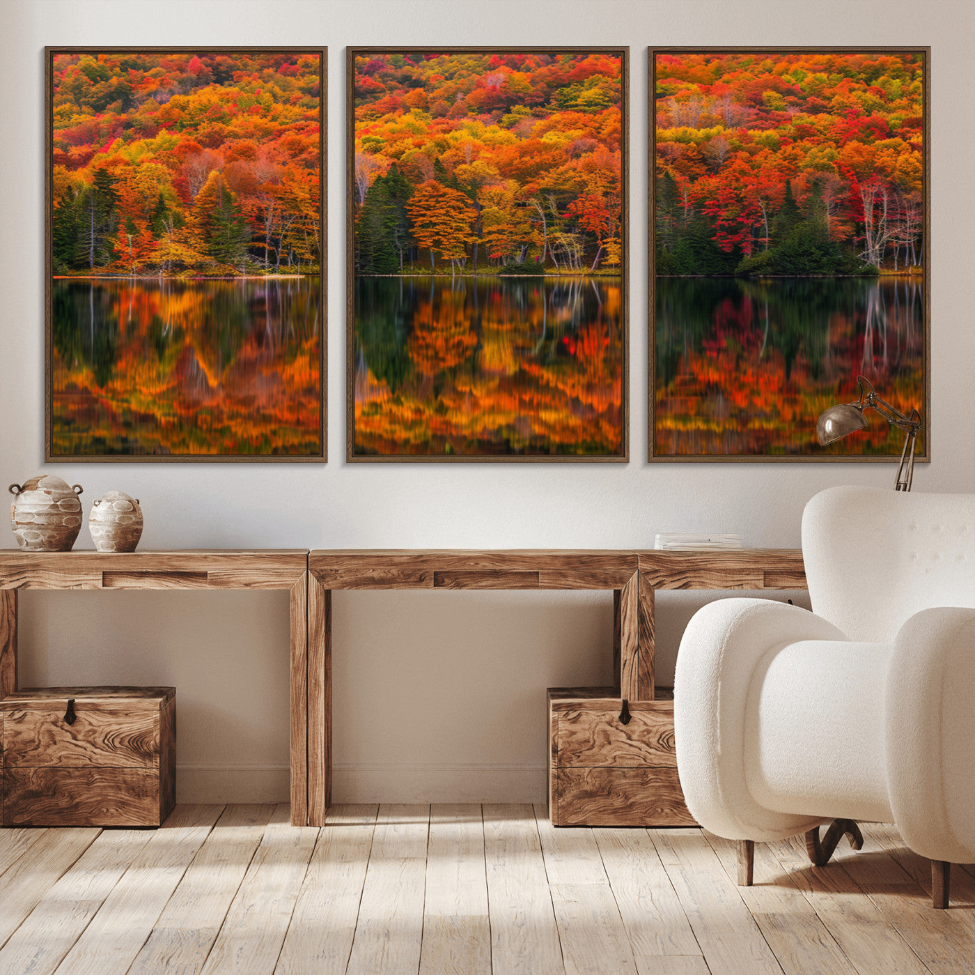 MGV-FC-60X30-3P - Fall Foliage Wall Art - Autumn Reflection Canvas Print, Stunning Fall Foliage Wall Art, Serene Lake