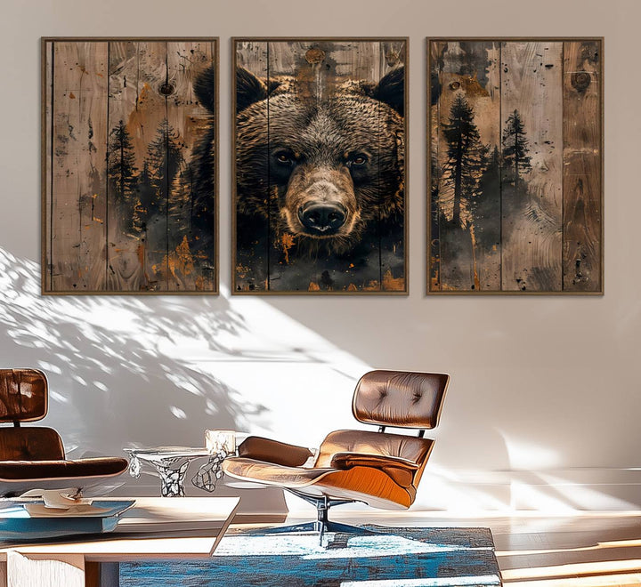 The bedroom showcases the Rustic Grizzly 399 Wall Art, a triptych canvas print that brings woodland charm to the space with its striking depiction of a bear. Elegantly displayed on a wooden wall, it enhances the rustic cabin feel.