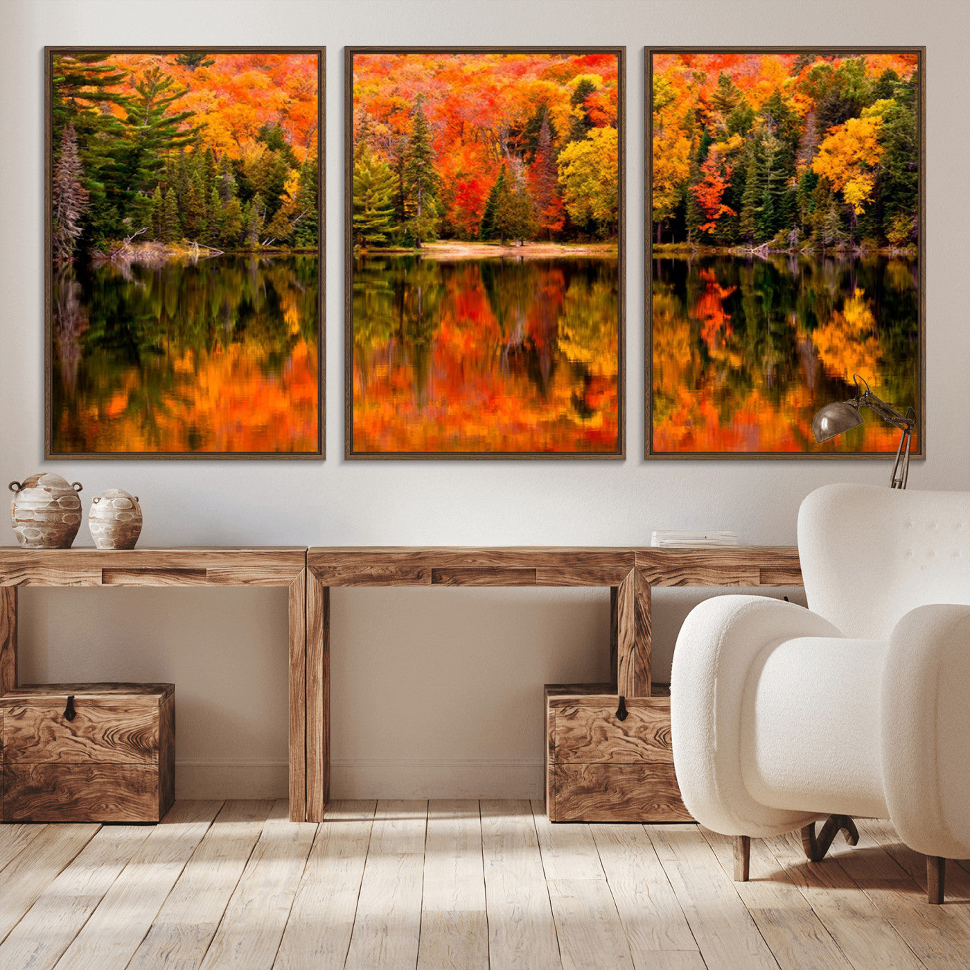 MGV-FC-60X30-3P - Forest Reflection Art | Autumn Forest Reflection Wall Art | Triptych Canvas Print | Vibrant Fall