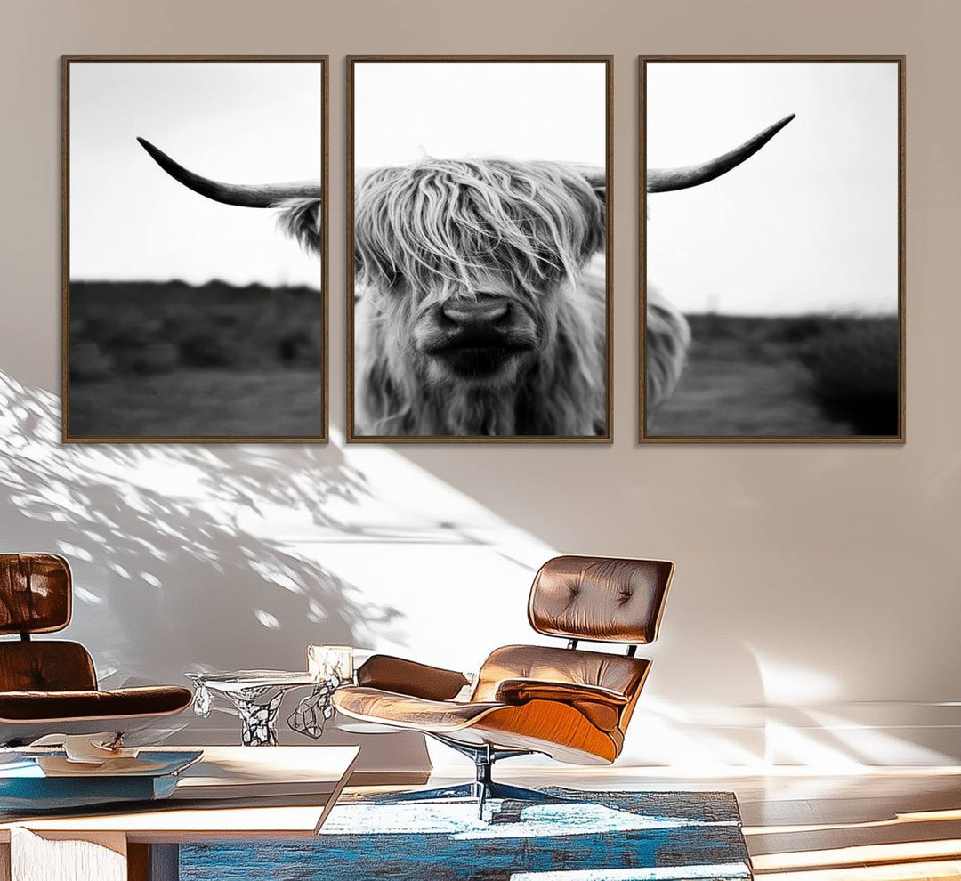 Highland Cow Wall Art: A black and white triptych canvas print, ideal for enhancing farmhouse or rustic barn decor.