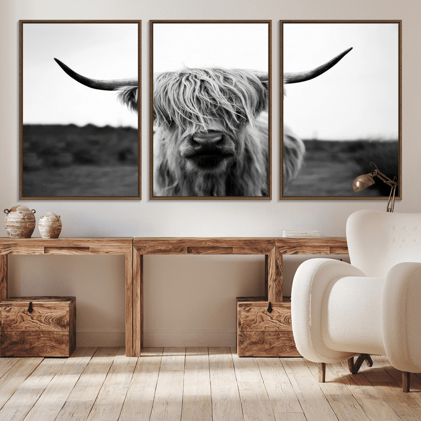 MGV-FC-60X30-3P - Highland Cow Wall Art | Black and White Farmhouse Decor | Triptych Canvas Print | Rustic Barn Decor