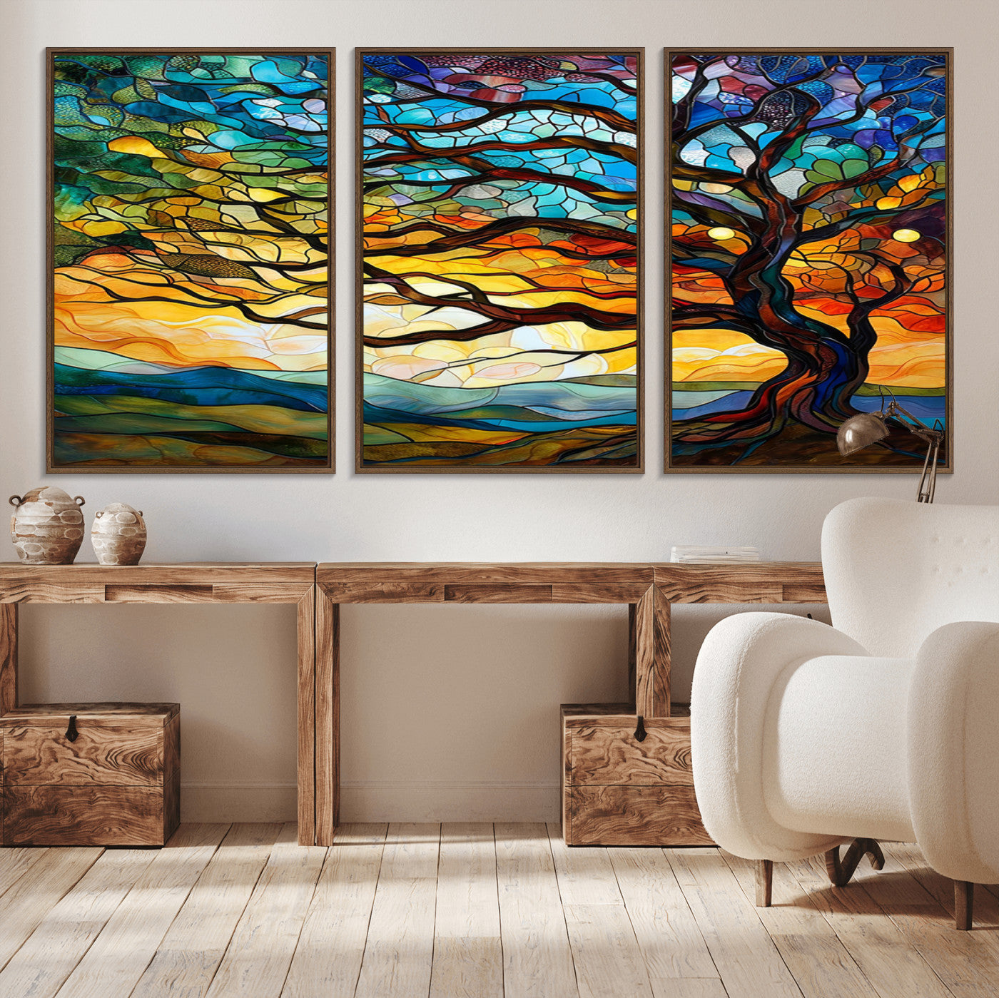 MGV-FC-60X30-3P - Vibrant Mosaic Tree of Life Wall Art | Stained Glass Style Canvas Print | Ready to Hang Artistic