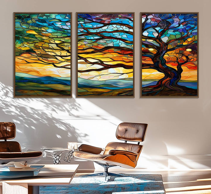 A vivid Tree of Life in stained glass style is depicted with twisted branches, a colorful sky, and hills on a ready-to-hang canvas.