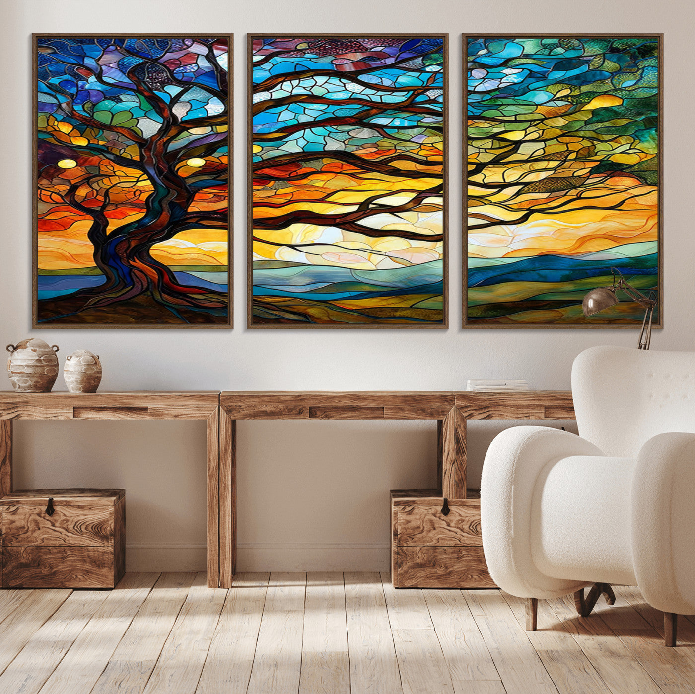 MGV-FC-60X30-3P - Mosaic Tree Wall Art | Ready to Hang Stained Glass Style Canvas Print | Farmhouse Wall Decor, Cabin