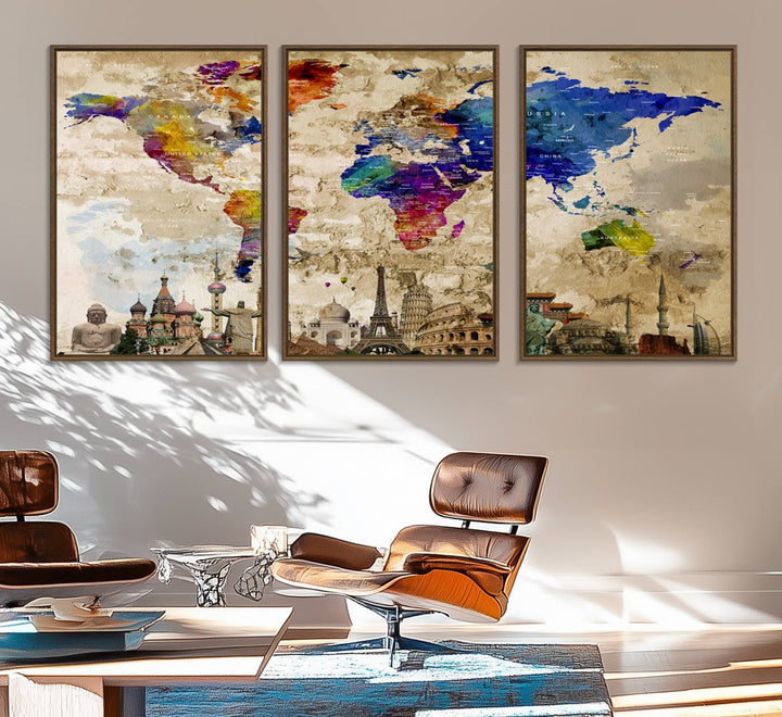 Artistic world map featuring landmarks like the Eiffel Tower, printed on premium wall art for office or living space.