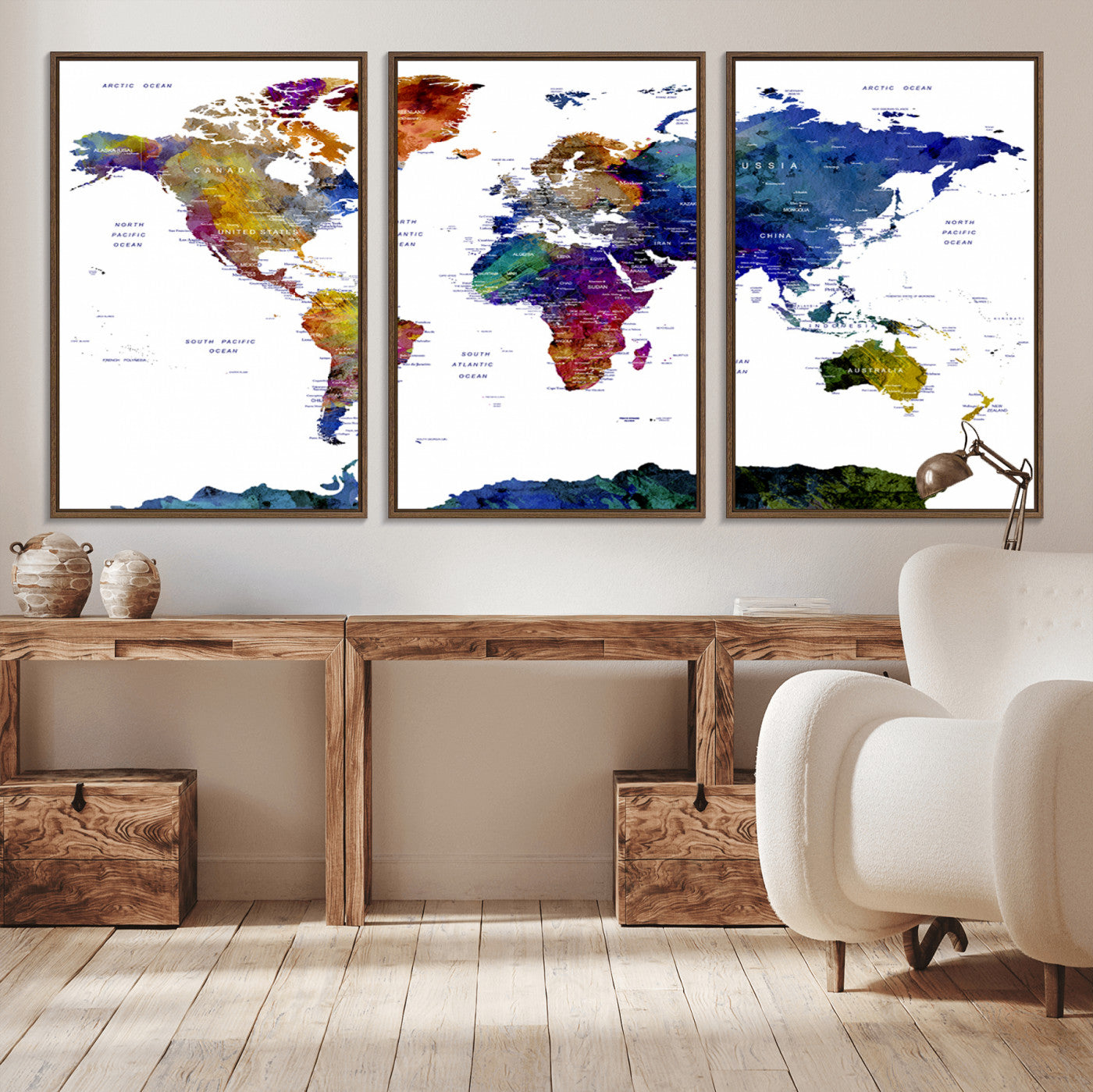 90446-MGV-CV-36X24-Colorful Watercolor World Map Canvas Wall Art – Framed Modern Push Pin Travel Map for Home and Office Decor
