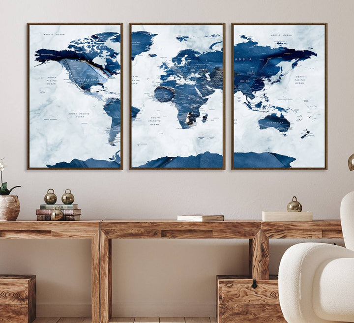 Navy Blue World Map with Antarctica Canvas: A perfect abstract home decor piece featuring a grunge-stained background.