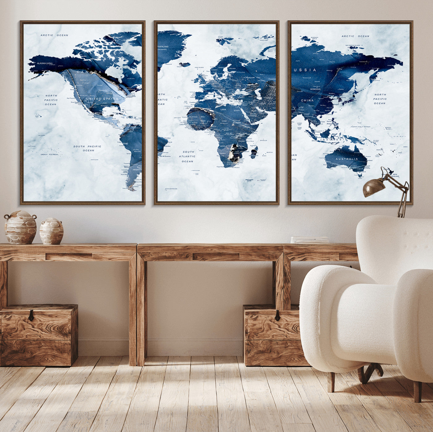 88266-MGV-CV-36X24-Modern Blue Marble World Map Canvas Print – Framed Push Pin Wall Art, Elegant Travel Map Artwork for Home Office or Living Room Decor