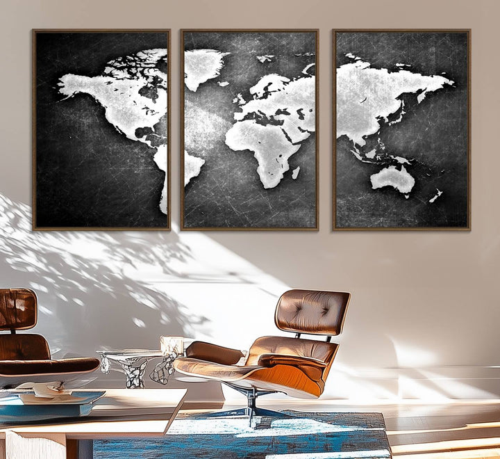 Black & White 3-Panel Framed World Map Canvas Art with Grunge Design.