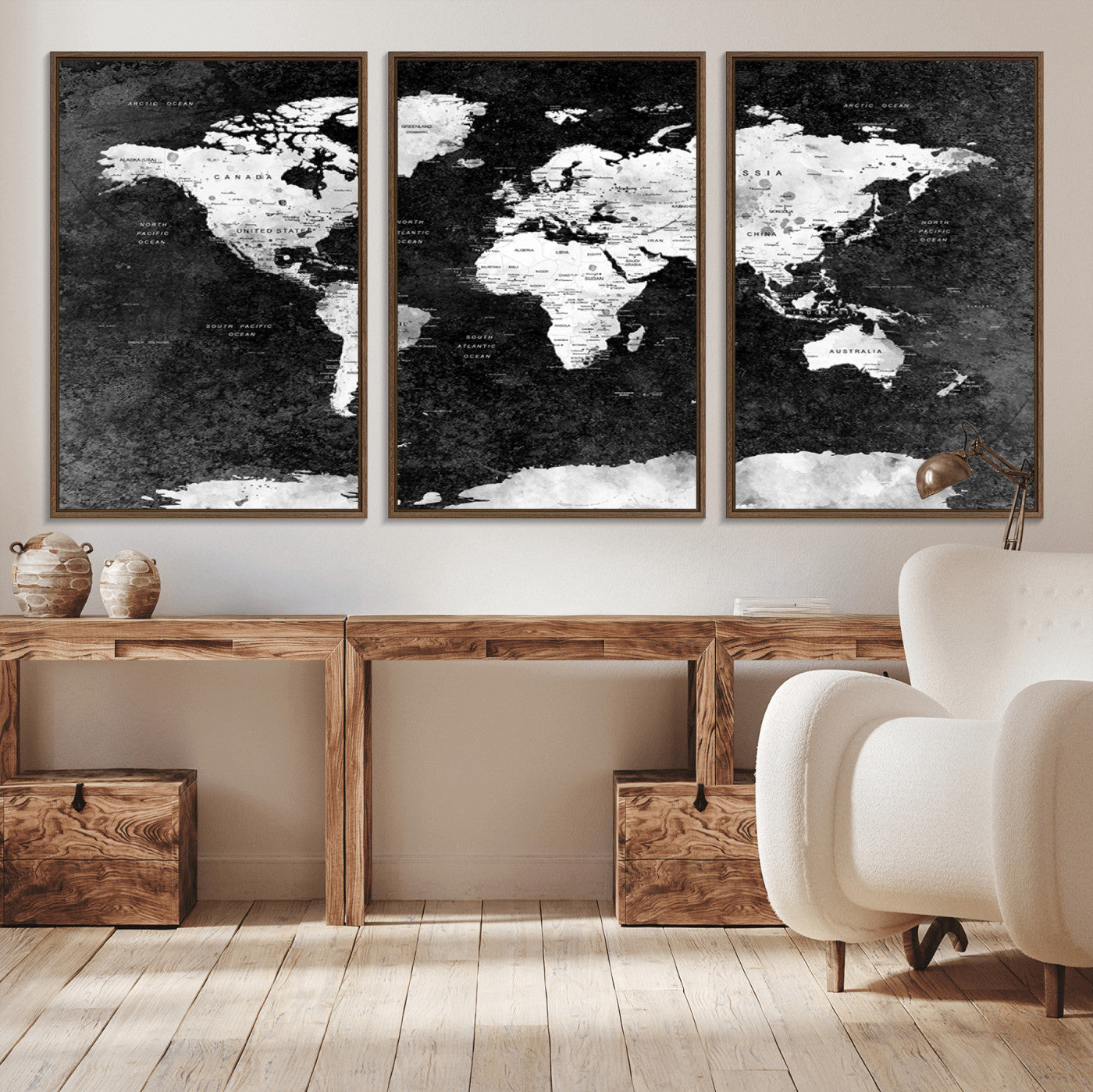 90682-MGV-CV-36X24-Black and White World Map Canvas Print – Framed Push Pin Wall Art for Couples, Modern Minimalist Travel Map for Elegant Home and Office Decor