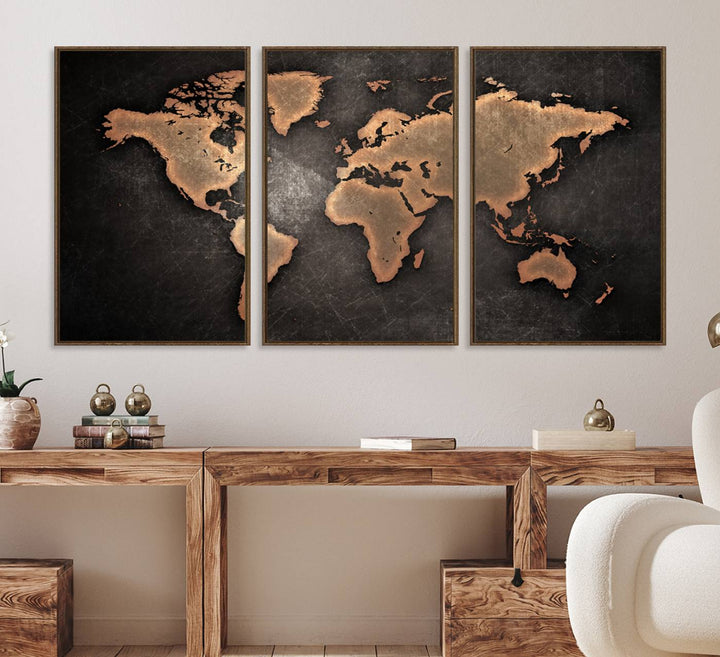 Maroon World Map Wall Art: Copper continents on a grunge-stained canvas, ideal for enhancing your decor.