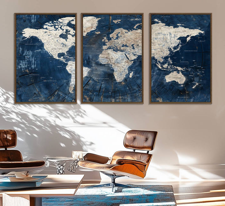 Rustic World Map Wall Art Canvas: Features a vintage blue design with a wood texture, highlighting continents in light hues.