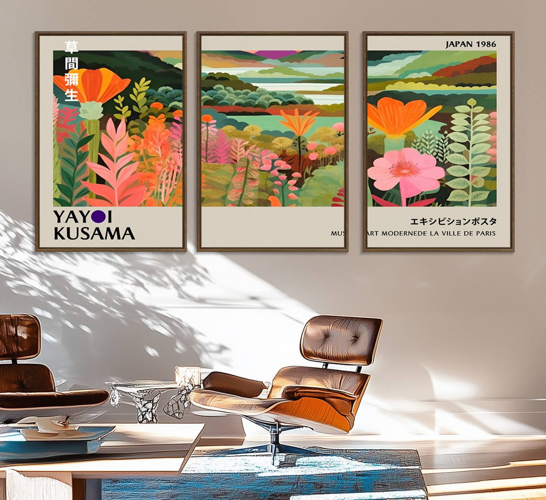 A vibrant 1986 Yayoi Kusama abstract landscape featuring flowers and hills on a canvas wall art print, ready-to-hang.