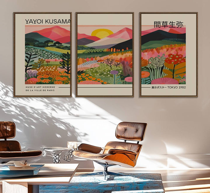 A vibrant abstract triptych features mountains, a sun, and plants in Yayoi Kusamas style with Japanese and French text included.